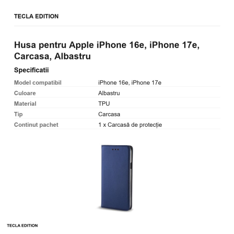 Husa Smart Magnet pentru Apple iPhone 16e, iPhone 17e, tip carte, Albastru [2]