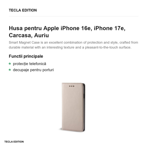 Husa Smart Magnet pentru Apple iPhone 16e, iPhone 17e, tip carte, Auriu [1]