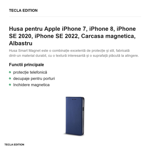 Husa Smart Magnet pentru Apple iPhone 7, iPhone 8, iPhone SE 2020, iPhone SE 2022, tip carte cu inchidere magnetica, Albastru [1]
