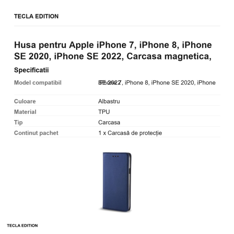 Husa Smart Magnet pentru Apple iPhone 7, iPhone 8, iPhone SE 2020, iPhone SE 2022, tip carte cu inchidere magnetica, Albastru [2]