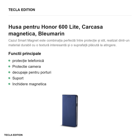 Husa Smart Magnet pentru Honor 600 Lite, tip carte cu inchidere magnetica, Bleumarin [1]
