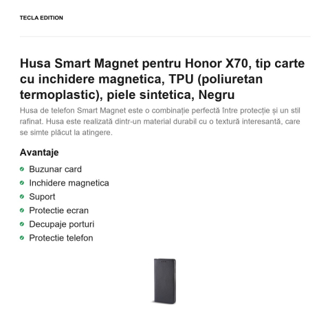 Husa Smart Magnet pentru Honor X70, tip carte cu inchidere magnetica, TPU (poliuretan termoplastic), piele sintetica, Negru [1]