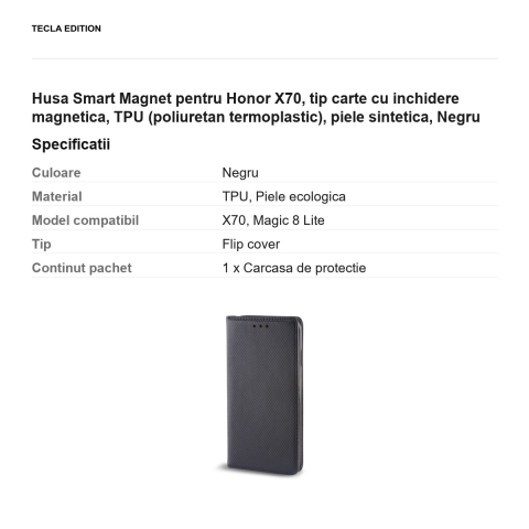 Husa Smart Magnet pentru Honor X70, tip carte cu inchidere magnetica, TPU (poliuretan termoplastic), piele sintetica, Negru [2]