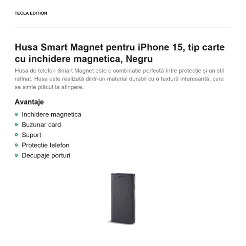 Husa Smart Magnet pentru iPhone 15, tip carte cu inchidere magnetica, Negru [1]