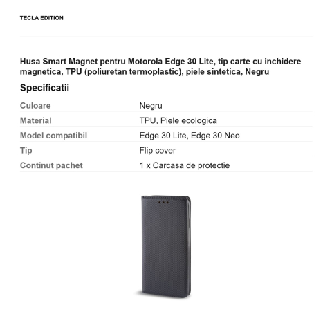 Husa Smart Magnet pentru Motorola Edge 30 Lite, tip carte cu inchidere magnetica, TPU (poliuretan termoplastic), piele sintetica, Negru [2]