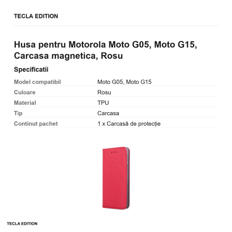 Husa Smart Magnet pentru Motorola Moto G05, Moto G15, tip carte cu inchidere magnetica, Rosu [2]