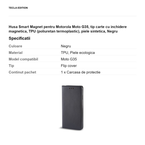 Husa Smart Magnet pentru Motorola Moto G35, tip carte cu inchidere magnetica, TPU (poliuretan termoplastic), piele sintetica, Negru [2]