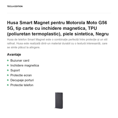 Husa Smart Magnet pentru Motorola Moto G56 5G, tip carte cu inchidere magnetica, TPU (poliuretan termoplastic), piele sintetica, Negru [1]