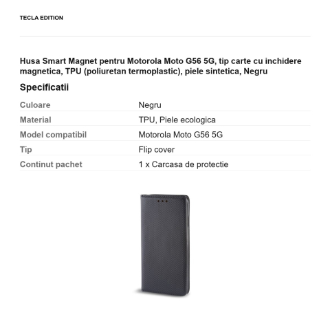 Husa Smart Magnet pentru Motorola Moto G56 5G, tip carte cu inchidere magnetica, TPU (poliuretan termoplastic), piele sintetica, Negru [2]