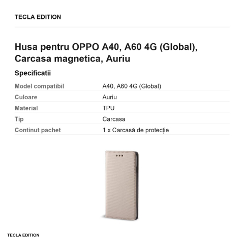 Husa Smart Magnet pentru OPPO A40, A60 4G (Global), tip carte cu inchidere magnetica, Auriu [2]
