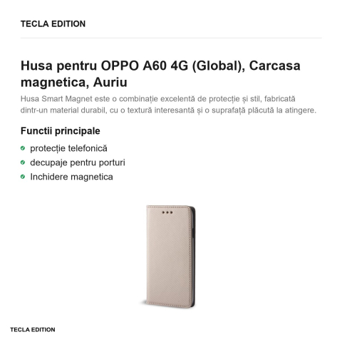 Husa Smart Magnet pentru OPPO A60 4G (Global), tip carte cu inchidere magnetica, Auriu [1]