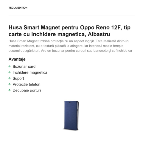Husa Smart Magnet pentru Oppo Reno 12F, tip carte cu inchidere magnetica, Albastru [1]