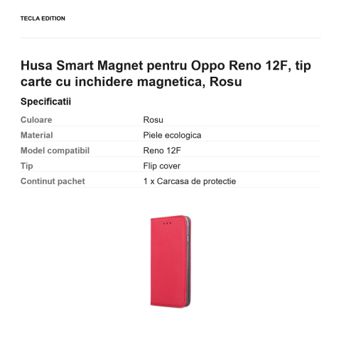 Husa Smart Magnet pentru Oppo Reno 12F, tip carte cu inchidere magnetica, Rosu [2]