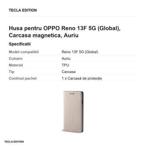 Husa Smart Magnet pentru OPPO Reno 13F 5G (Global), tip carte cu inchidere magnetica, Auriu [2]