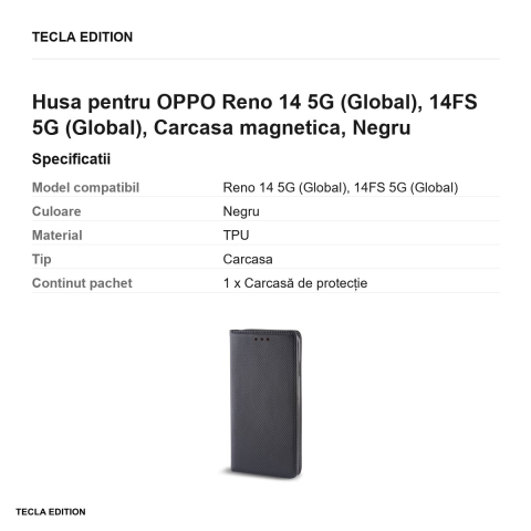 Husa Smart Magnet pentru OPPO Reno 14 5G (Global), 14FS 5G (Global), tip carte cu inchidere magnetica, Negru [2]