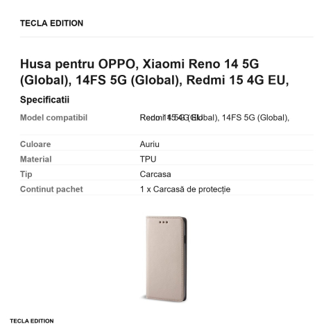 Husa Smart Magnet pentru OPPO, Xiaomi Reno 14 5G (Global), 14FS 5G (Global), Redmi 15 4G EU, tip carte cu inchidere magnetica, Auriu [2]