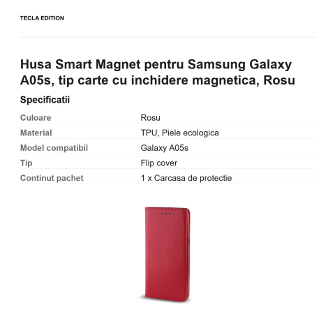 Husa Smart Magnet pentru Samsung Galaxy A05s, tip carte cu inchidere magnetica, Rosu [2]