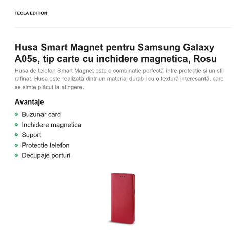 Husa Smart Magnet pentru Samsung Galaxy A05s, tip carte cu inchidere magnetica, Rosu [1]