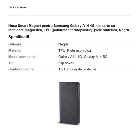 Husa Smart Magnet pentru Samsung Galaxy A14 4G, tip carte cu inchidere magnetica, TPU (poliuretan termoplastic), piele sintetica, Negru [2]