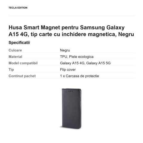 Husa Smart Magnet pentru Samsung Galaxy A15 4G, tip carte cu inchidere magnetica, Negru [2]