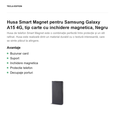 Husa Smart Magnet pentru Samsung Galaxy A15 4G, tip carte cu inchidere magnetica, Negru [1]
