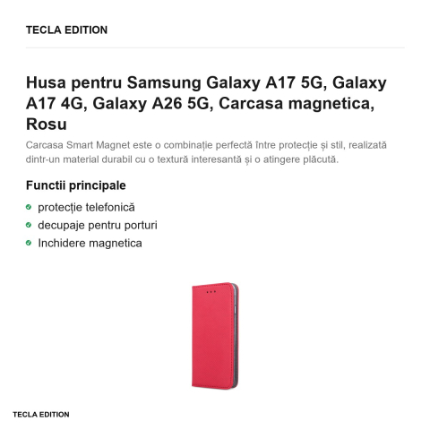 Husa Smart Magnet pentru Samsung Galaxy A17 5G, Galaxy A17 4G, Galaxy A26 5G, tip carte cu inchidere magnetica, Rosu [1]