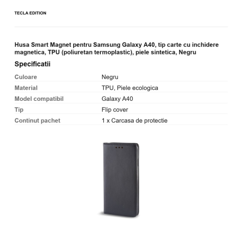 Husa Smart Magnet pentru Samsung Galaxy A40, tip carte cu inchidere magnetica, TPU (poliuretan termoplastic), piele sintetica, Negru [2]