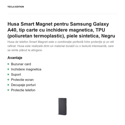 Husa Smart Magnet pentru Samsung Galaxy A40, tip carte cu inchidere magnetica, TPU (poliuretan termoplastic), piele sintetica, Negru [1]