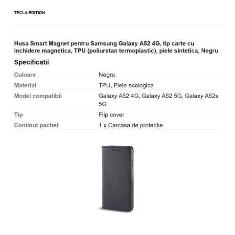 Husa Smart Magnet pentru Samsung Galaxy A52 4G, tip carte cu inchidere magnetica, TPU (poliuretan termoplastic), piele sintetica, Negru [2]