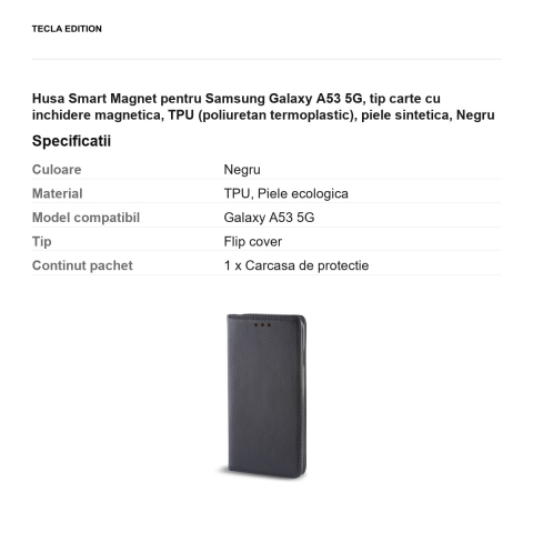 Husa Smart Magnet pentru Samsung Galaxy A53 5G, tip carte cu inchidere magnetica, TPU (poliuretan termoplastic), piele sintetica, Negru [2]