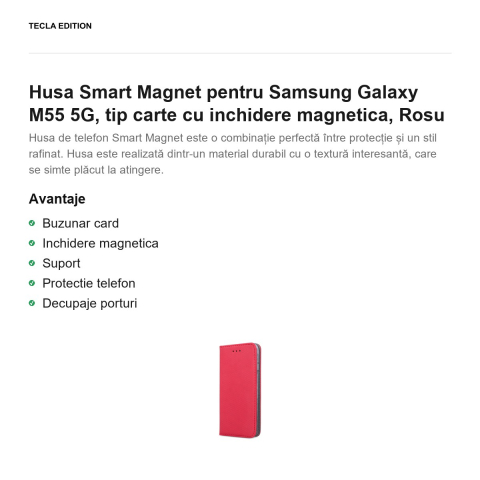 Husa Smart Magnet pentru Samsung Galaxy M55 5G, tip carte cu inchidere magnetica, Rosu [1]