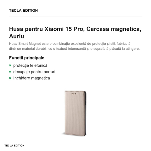 Husa Smart Magnet pentru Xiaomi 15 Pro, tip carte cu inchidere magnetica, Auriu [1]