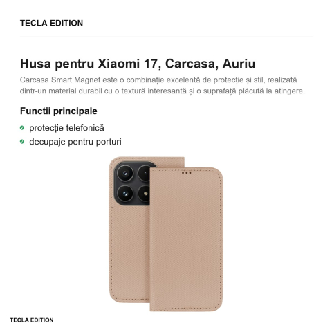 Husa Smart Magnet pentru Xiaomi 17, tip carte, Auriu [1]