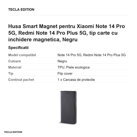 Husa Smart Magnet pentru Xiaomi Note 14 Pro 5G, Redmi Note 14 Pro Plus 5G, tip carte cu inchidere magnetica, Negru [2]