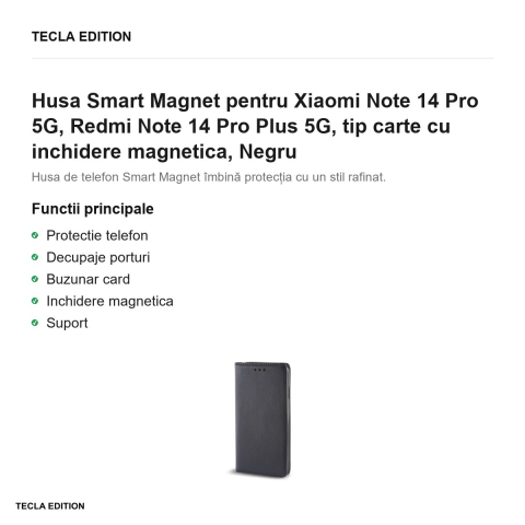 Husa Smart Magnet pentru Xiaomi Note 14 Pro 5G, Redmi Note 14 Pro Plus 5G, tip carte cu inchidere magnetica, Negru [1]