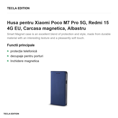 Husa Smart Magnet pentru Xiaomi Poco M7 Pro 5G, Redmi 15 4G EU, tip carte cu inchidere magnetica, Albastru [1]