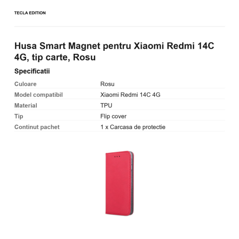Husa Smart Magnet pentru Xiaomi Redmi 14C 4G, tip carte, Rosu [2]