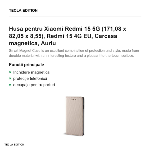 Husa Smart Magnet pentru Xiaomi Redmi 15 5G, Redmi 15 4G EU, tip carte cu inchidere magnetica, Auriu [1]