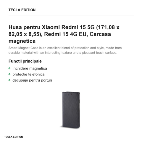 Husa Smart Magnet pentru Xiaomi Redmi 15 5G, Redmi 15 4G EU, tip carte cu inchidere magnetica, Negru [1]