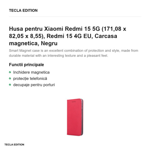 Husa Smart Magnet pentru Xiaomi Redmi 15 5G, Redmi 15 4G EU, tip carte cu inchidere magnetica, Rosu [1]