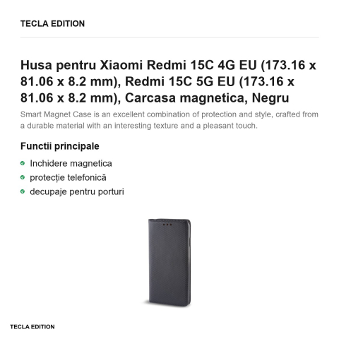 Husa Smart Magnet pentru Xiaomi Redmi 15C 4G EU, Redmi 15C 5G EU, tip carte cu inchidere magnetica, Negru [1]