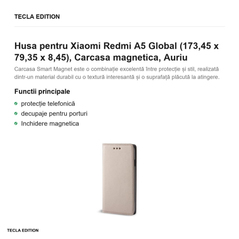 Husa Smart Magnet pentru Xiaomi Redmi A5 Global, tip carte cu inchidere magnetica, Auriu [1]