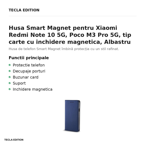 Husa Smart Magnet pentru Xiaomi Redmi Note 10 5G, Poco M3 Pro 5G, tip carte cu inchidere magnetica, Albastru [1]