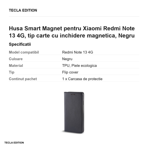 Husa Smart Magnet pentru Xiaomi Redmi Note 13 4G, tip carte cu inchidere magnetica, Negru [2]