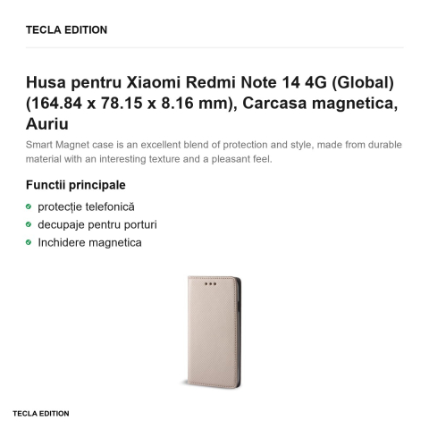 Husa Smart Magnet pentru Xiaomi Redmi Note 14 4G (Global), tip carte cu inchidere magnetica, Auriu [1]
