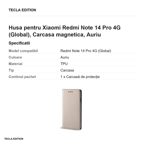 Husa Smart Magnet pentru Xiaomi Redmi Note 14 Pro 4G (Global), tip carte cu inchidere magnetica, Auriu [2]