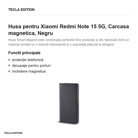 Husa Smart Magnet pentru Xiaomi Redmi Note 15 5G, tip carte cu inchidere magnetica, Negru [1]