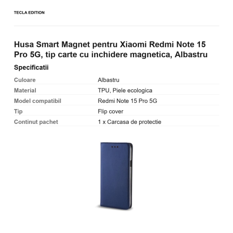 Husa Smart Magnet pentru Xiaomi Redmi Note 15 Pro 5G, tip carte cu inchidere magnetica, Albastru [2]