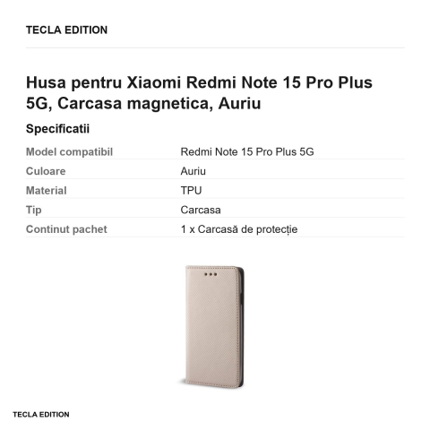 Husa Smart Magnet pentru Xiaomi Redmi Note 15 Pro Plus 5G, tip carte cu inchidere magnetica, Auriu [2]