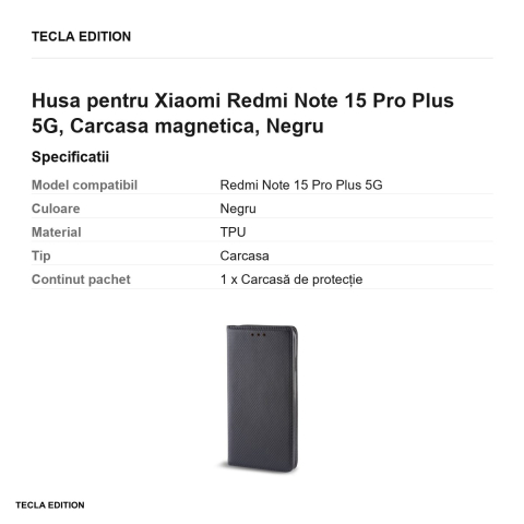 Husa Smart Magnet pentru Xiaomi Redmi Note 15 Pro Plus 5G, tip carte cu inchidere magnetica, Negru [2]